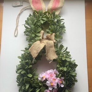 Green Bunny Wreath with Pink Flowers and Burlap Bow
